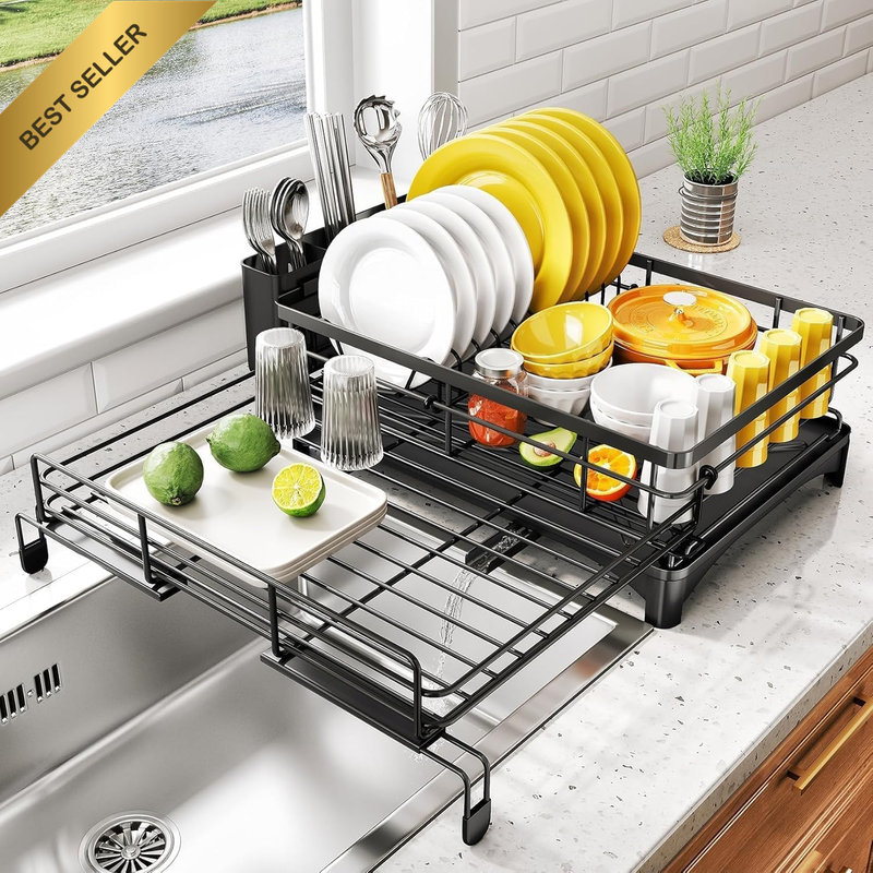 Expandable Dish Drying Rack for Kitchen Counter, Stainless Steel Sink Drainer wi