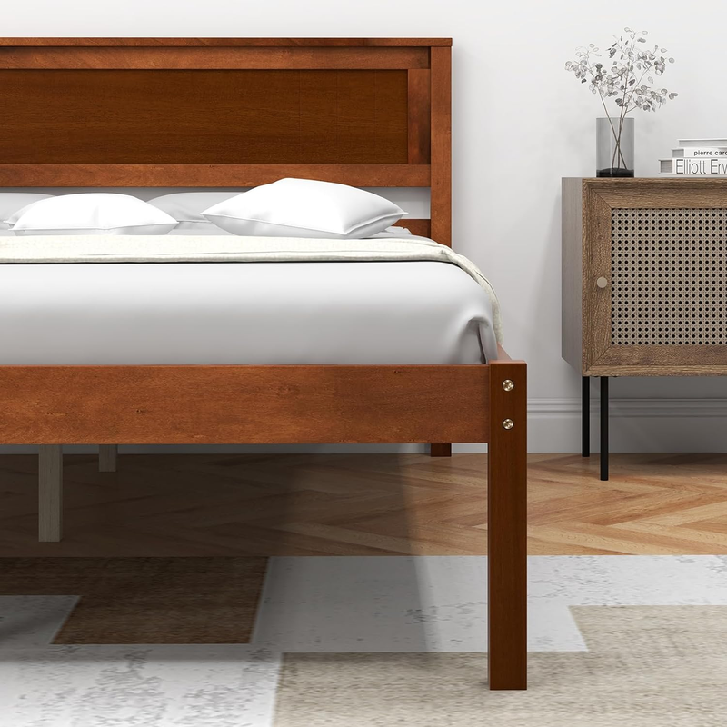 Wood Full Platform Bed with Headboard, Mid Century Solid Wood Bed Frame with Woo