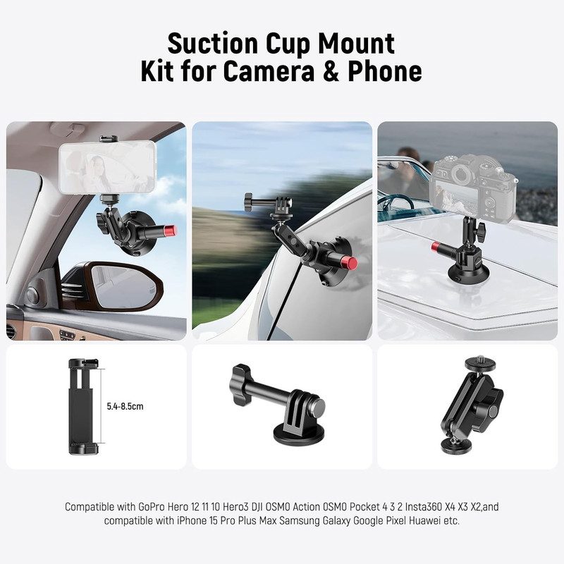 3" Suction Cup Camera Mount Bracket with Ball Head Magic Arm, 1/4" ARRI Holes, Q