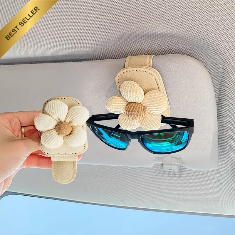 2 Pack Flower-Shaped Sunglass Holder for Car Visor – Beige Magnetic Leather Glas