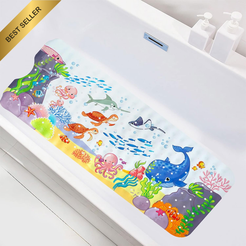 Baby Bath Mat Non Slip 40X16In Cute Cartoon Bath Mat with Suction Cup Drain Hole