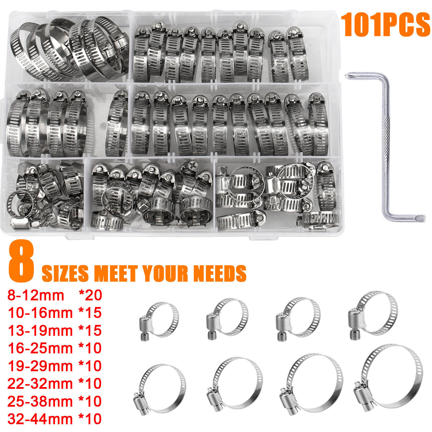 101pcs Adjustable Hose Clamps Worm Gear Stainless Steel Clam