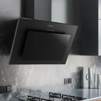 60cm Wall Mounted Cooker Hood Black Tempered Glass Stainless Steel 3-Speed Fan
