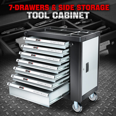 Шкаф для хранения комода-тележки с 7 выдвижными ящиками из пластика с запирающимся верхом на колесиках серого цвета