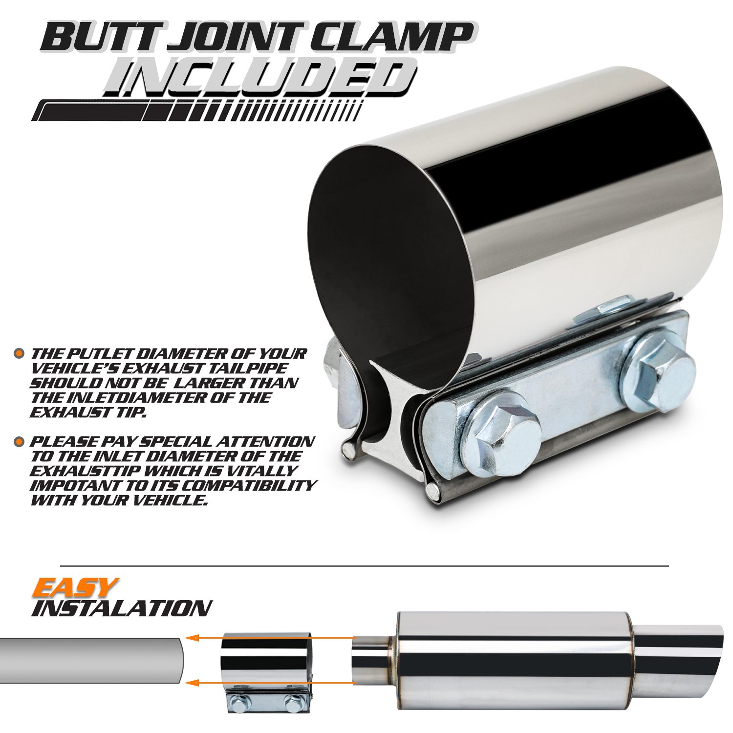 2"Inlet 3"Outlet Stainless Steel Exhaust Muffler Diagonal Cut Tip w/Joint Clamp