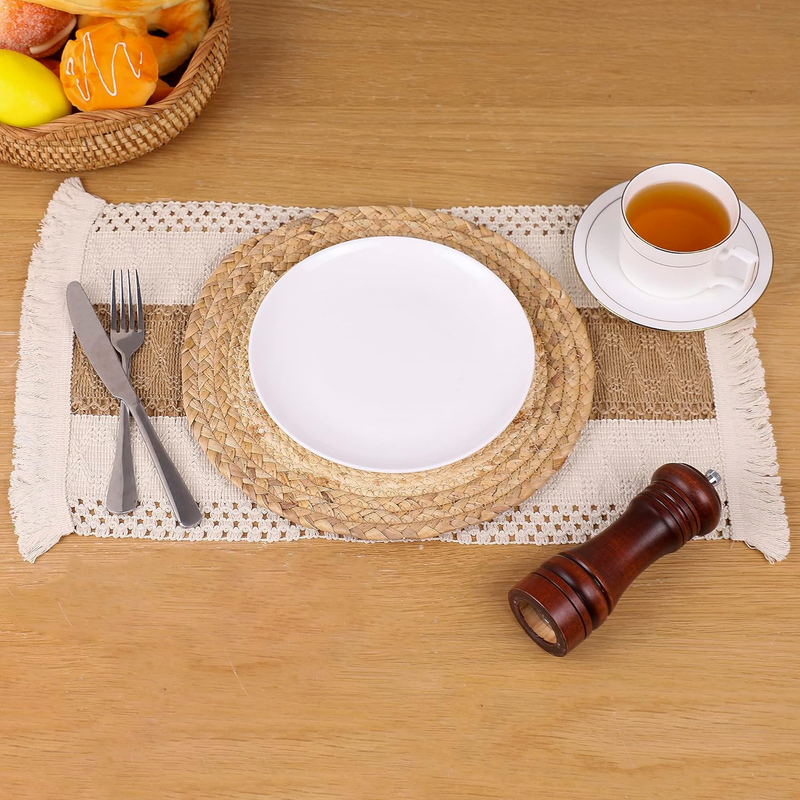 Handmade Boho Placemats Set of 6 - Natural Cotton Burlap and Water Straw Woven C