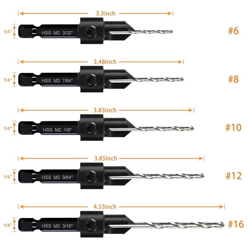 5-pc Woodworking Countersink Counterbore Drill Bit Set 3in1 for #6 8 10 12 16 Sc