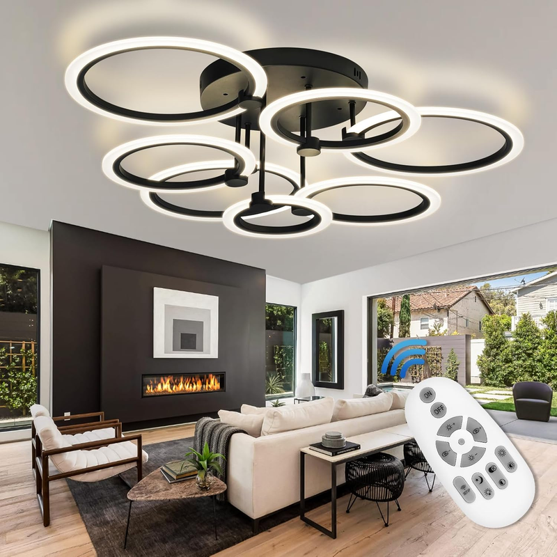 Modern LED Ceiling Light 7 Rings Dimmable Ceiling Light Fixtures with Remote Black Close to Ceiling Light 31.8