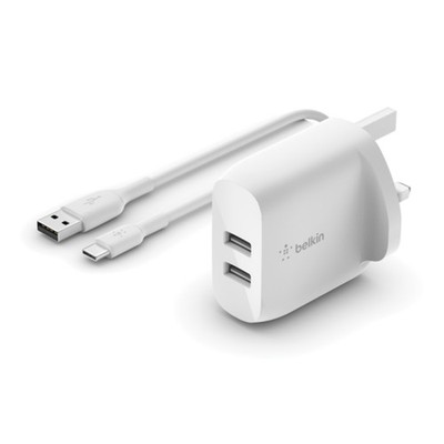 Belkin BoostCharge Dual USB-A Wall Charger 24W + USB-A to USB-C Cable White