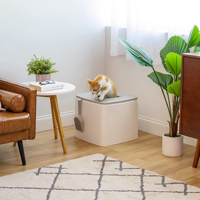 IRIS USA Premium Top Entry Cat Litter Box with Cat Litter Scoop White
