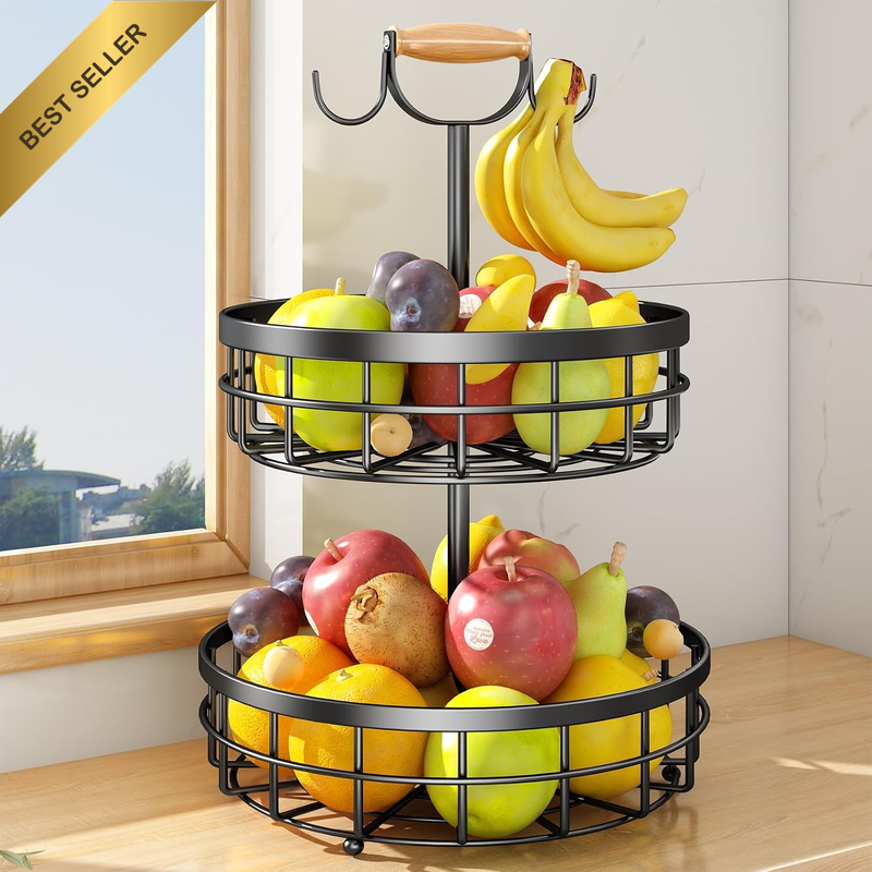2-Tier Fruit Basket Bowl Vegetable Storage with Dual Banana Tree Hanger and Wood