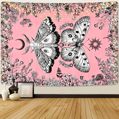Aesthetic Butterfly Tapestry Boho Moth Tapestry Flowers Plants Tapestries Pink G