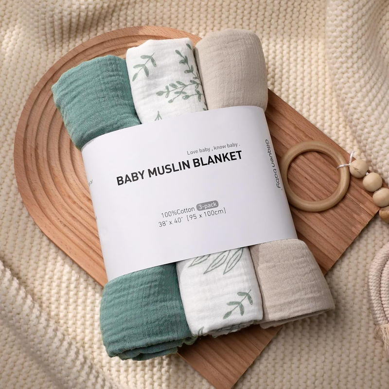 Muslin Swaddle Blankets for Newborn, 3 Pack Breathable Soft Receiving Blanket, L