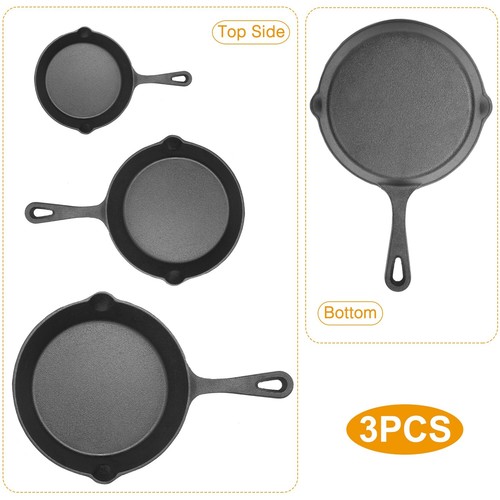 3pcs 6"/8"/10" Kitchen Frying Pan Pre Seasoned Cast Iron Skillet Frying Pan Set