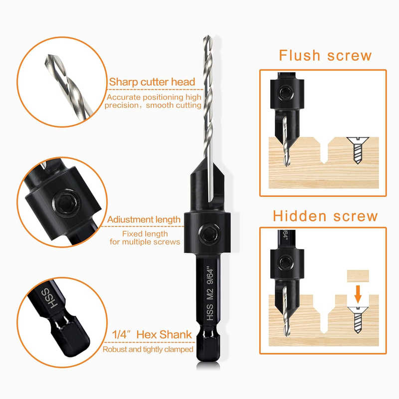 5-pc Woodworking Countersink Counterbore Drill Bit Set 3in1 for #6 8 10 12 16 Sc