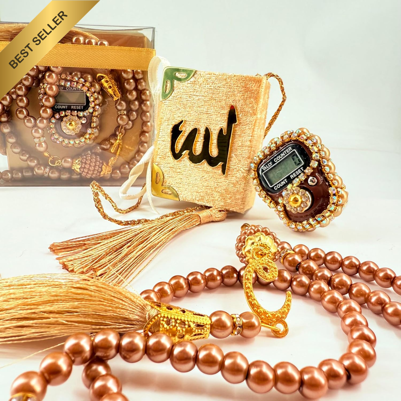 Pearl Zikirmatic Beads & Mini Quran 3-Piece Gift Set with Digital Finger Counter