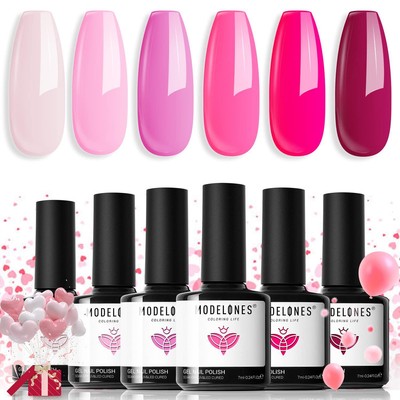 Modelones Pink Gel Nail Polish Set 6 Colors, Hot Pink Tones Neon Pink White Soft