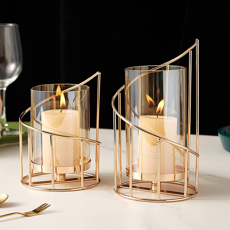 Metal Wire Candle Holder Set of 2, Glass Pillar Candle Holders Gold Decorative