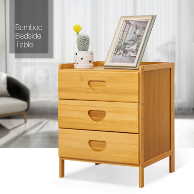 15'' Natural Bamboo Bedroom Storage Cabinet Nightstand Bedside Table w/3 Drawers