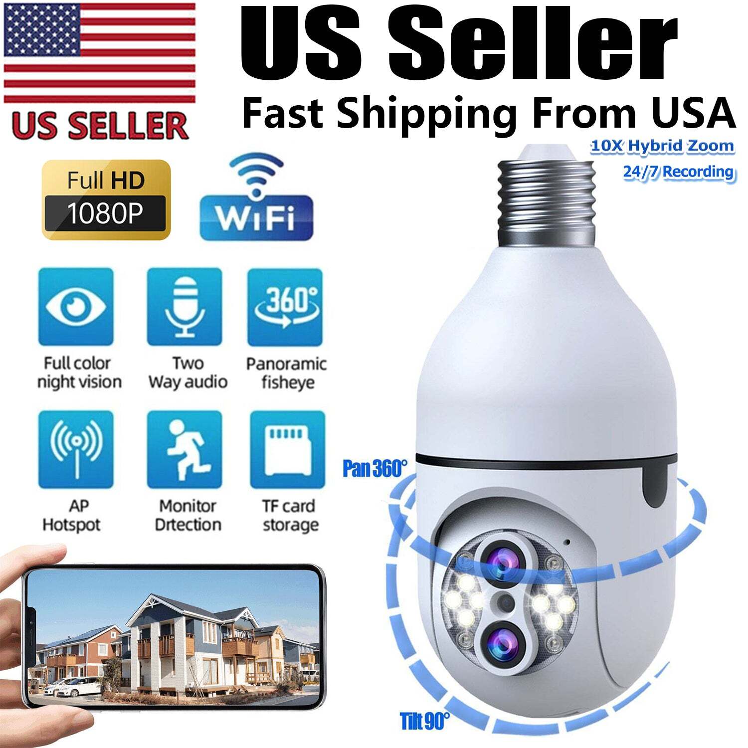 2MP Dual Lens WiFi Light Bulb Security Camera 10X Hybrid Zoom Light Socket Cam
