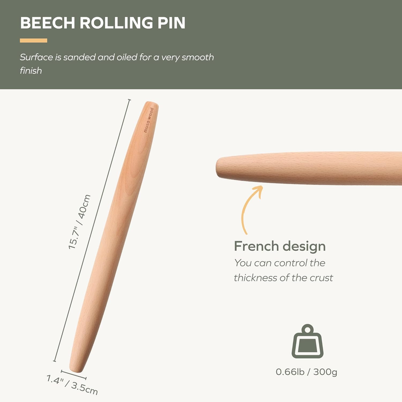 Wooden French Rolling Pin for Baking,Beech Wood (French 15.75-Inch-by-1.38-Inch)