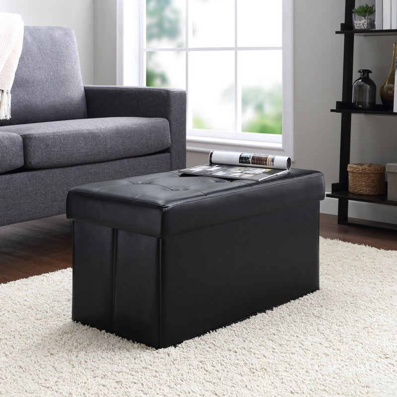 Collapsible Storage Ottoman, Quilted Black Faux Leather