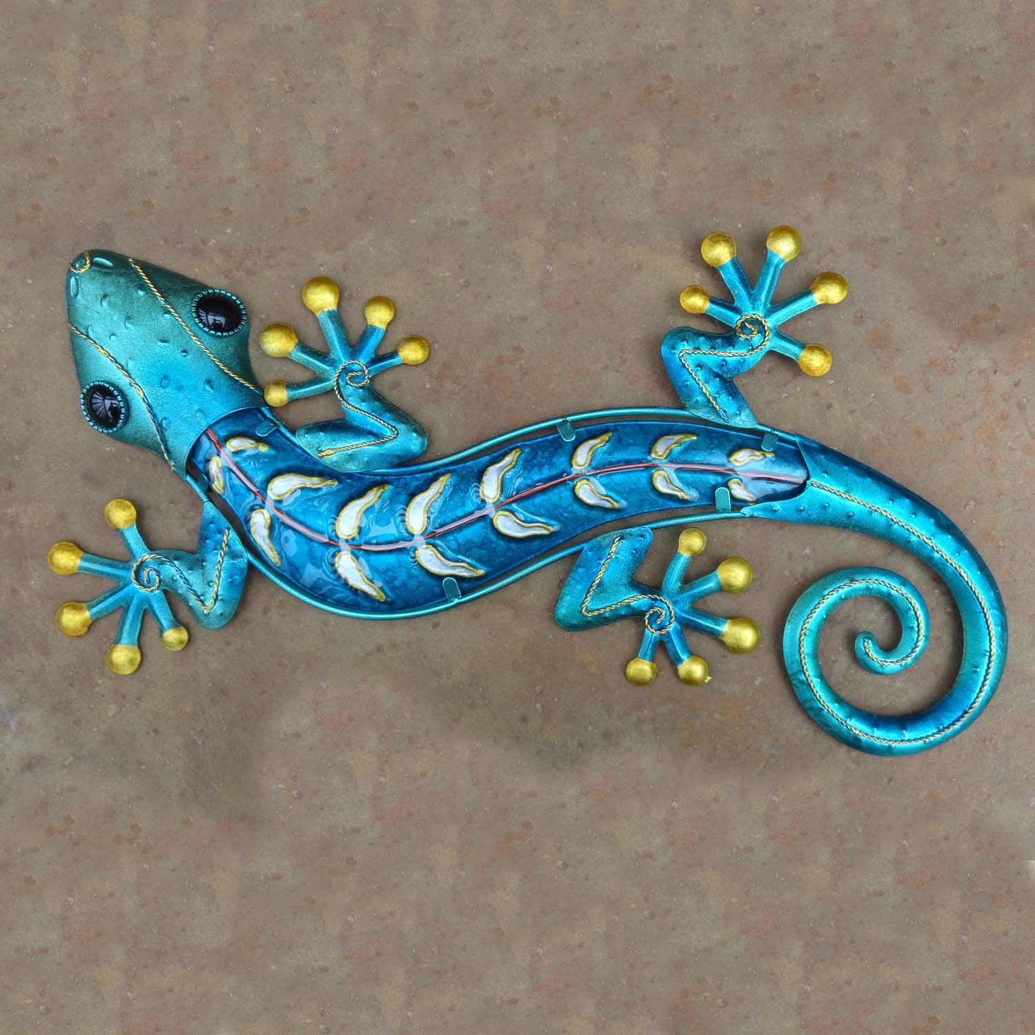 Large Blue Gold Gecko Metal Wall  Art  Glass Body Lizard  