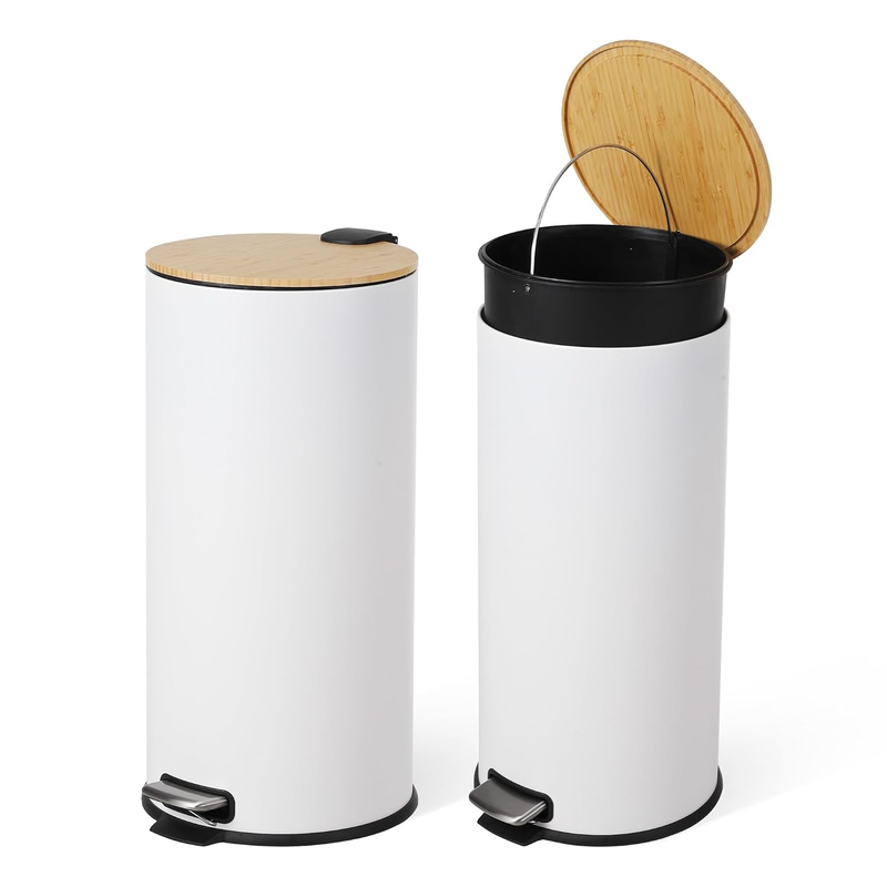 30 Liter/8 Gallon Step Trash Can with Bamboo Lid, round Slim Stainless Steel Garbage Can with Removal Inner Liner, Soft Close for Kitchen, Office, Living Room, Bathroom, White