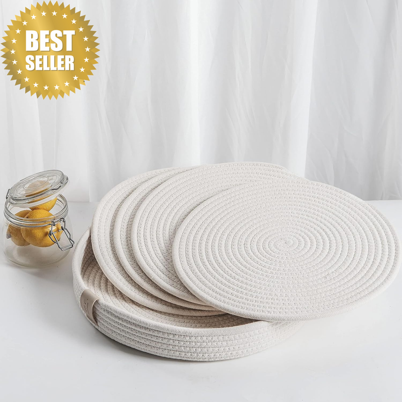 Cotton Rope round Placemats Set of 4 with Holder for Kitchen & Dining - Non-Slip