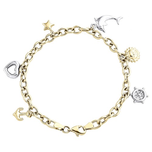 Pre-owned Jfl Diamonds & Timepieces 14k Two Tone Gold Rolo Link Dolphin Heart Sun Anchor Charm 5mm Bracelet 7.50"