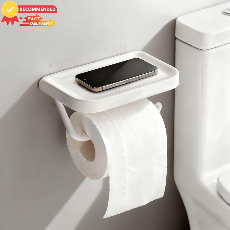 Toilet Paper Holder with Shelf, No-Drill Wall-Mount, Bathroom Tissue Rack, White
