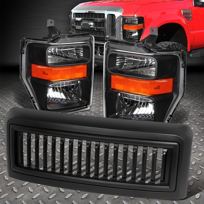 ДЛЯ 08-10 FORD F250-F550 ЧЕРНАЯ/ЯНТАРНАЯ ФАРА + МАТОВАЯ ВЕРТИКАЛЬНАЯ ПЕРЕДНЯЯ РЕШЕТКА РАДИАТОРА