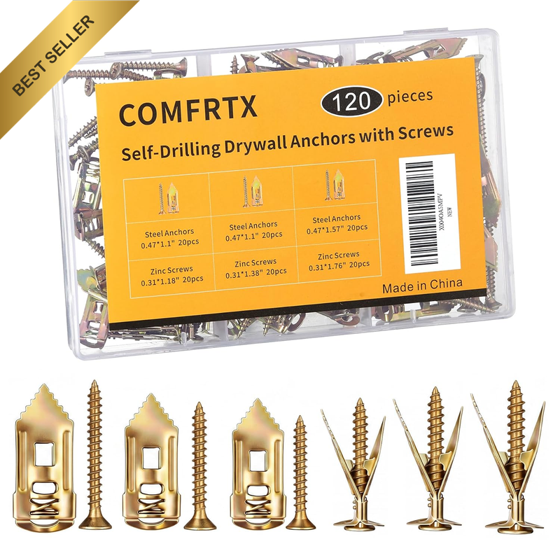 3 Sizes Metal Expansion Bolts for Drywall - 120PCS Self Drilling Anchors with Sc