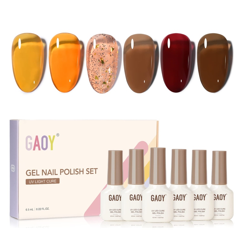 GAOY Fall Jelly Gel Nail Polish of 6 Transparent Brown Red Coral Orange Colors S