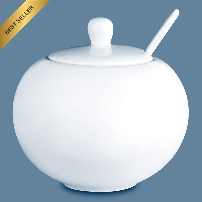 Bone Porcelain round Sugar Bowl with Spoon, 500 Ml Capacity, White
