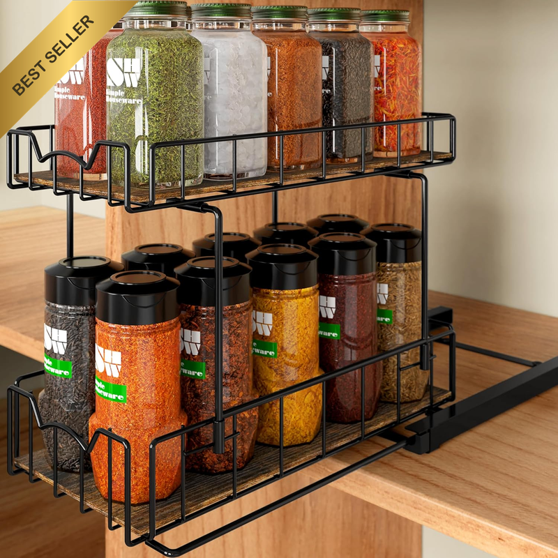 2-Tier Slide Out Spice Rack Organiser, Black