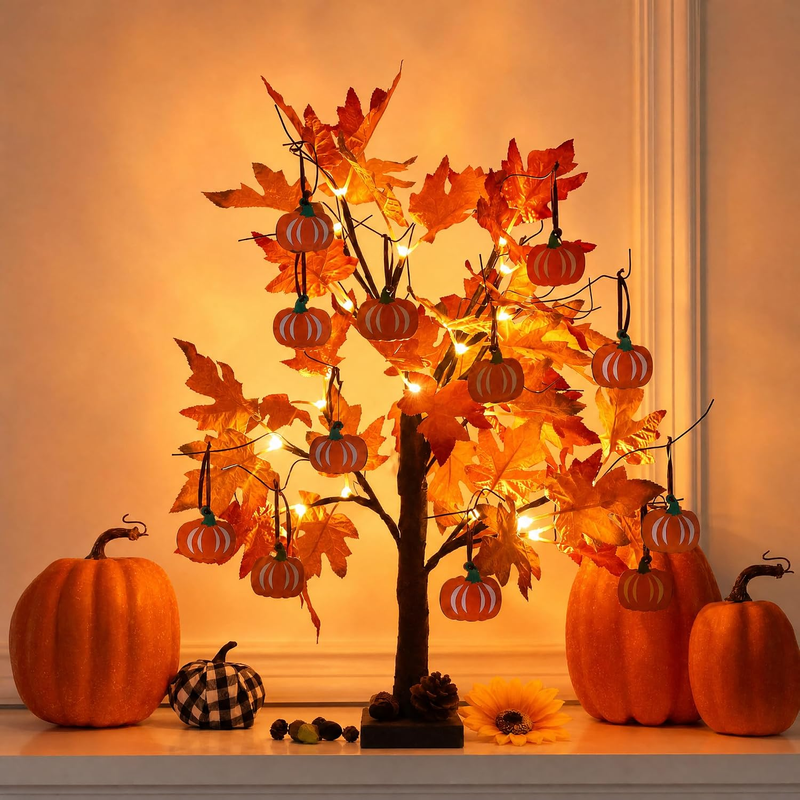 Große Ahornblatt Herbstdeko Innenlichterbaum Mit 24 LED&12 Papier‑Kürbis,Hallowe