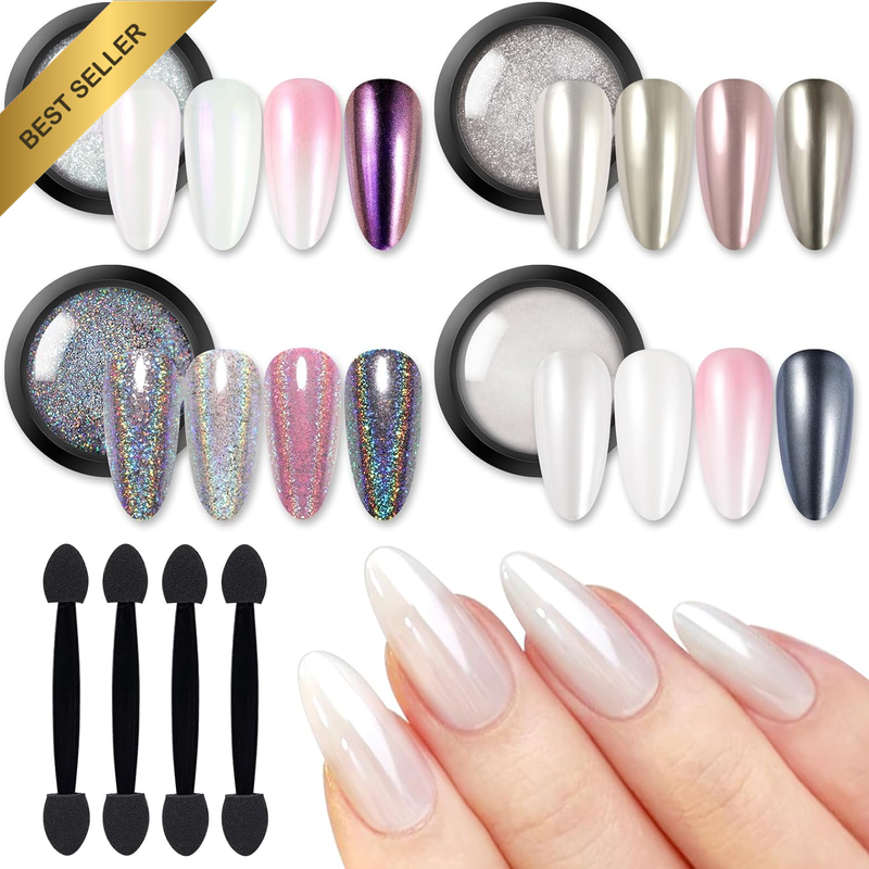 Chrome Nail Powder,White Pearl Metallic Mirror Holographic Chrome Powder for Nai