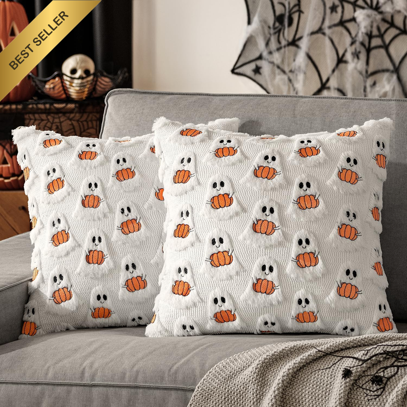 Fall Halloween Cushion Covers Throw Pillow Covers 18X18 Inch Set of 2, Ghost Pum