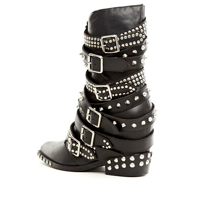 Pre-owned Jeffrey Campbell Draco Stud Hidden Wedge Pointed Embellished Moto Leather Boots In Black