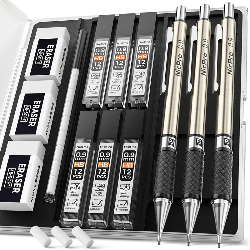 0.9 Mm Mechanical Pencil Set with Case, 3PCS Metal Mechanical Pencils with 6 Tub