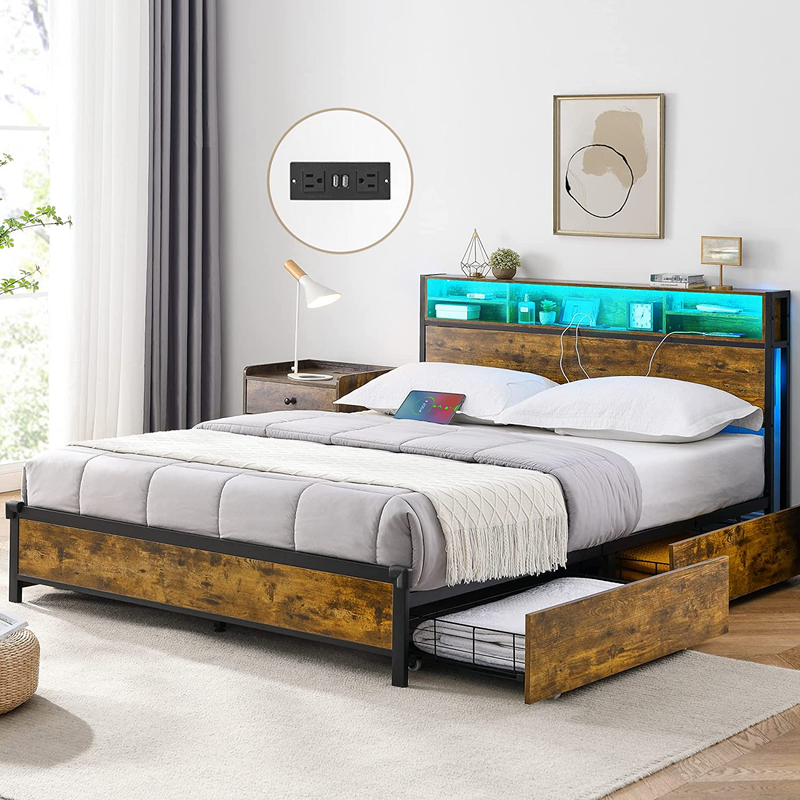 With 4 Storage Drawers And Bookcase Headboard, Led Bed Frame