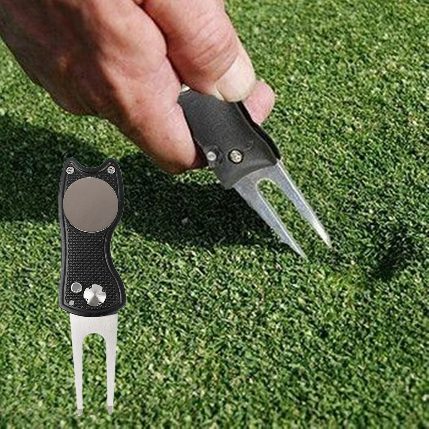 Foldable Golf Divot Repair Tool Switchblade with Ball Marker Popup