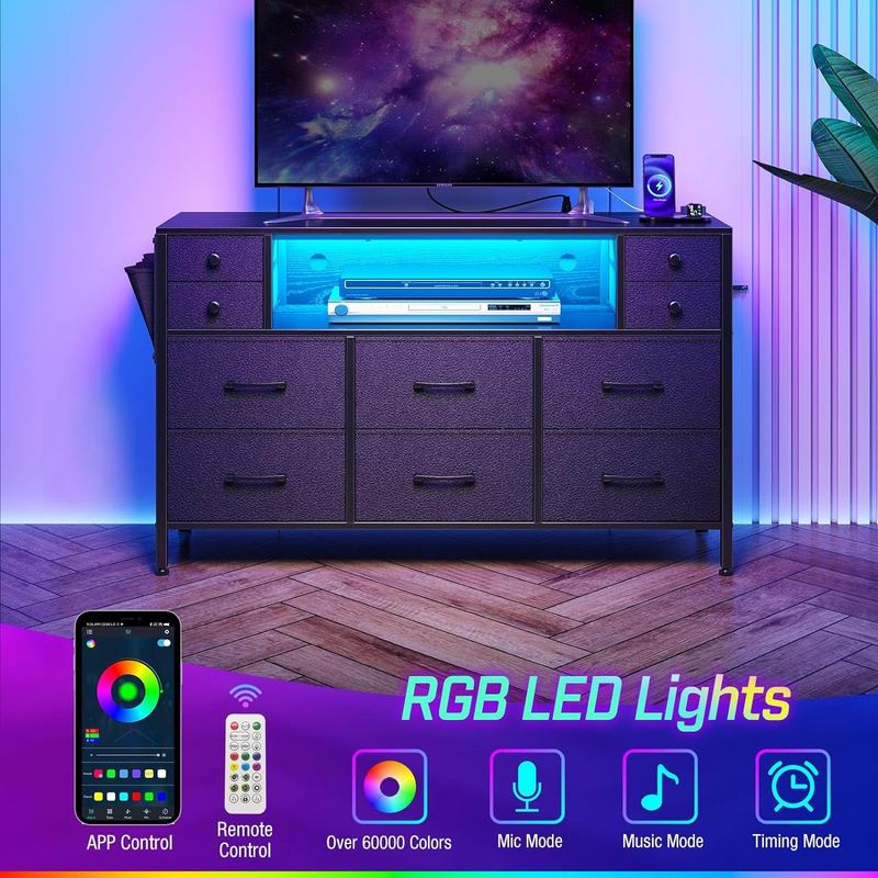 Dresser with Power Outlets and LED Lights, 10 Small Drawers Dresser with Side Po