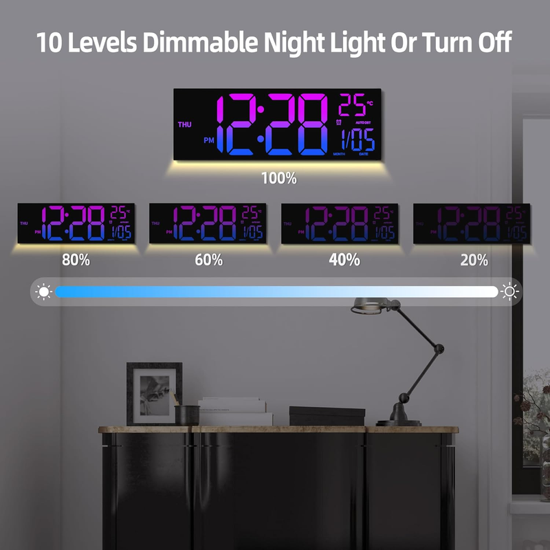 8 Colors Digital Wall Clock, 16" Large Digital Clock With Temperature, Date, Aut