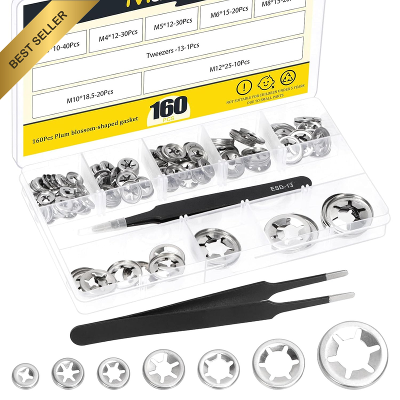 160Pcs 304 Stainless Steel Internal Tooth Washers Kit, M3 M4 M5 M6 M8 M10 M12 Si