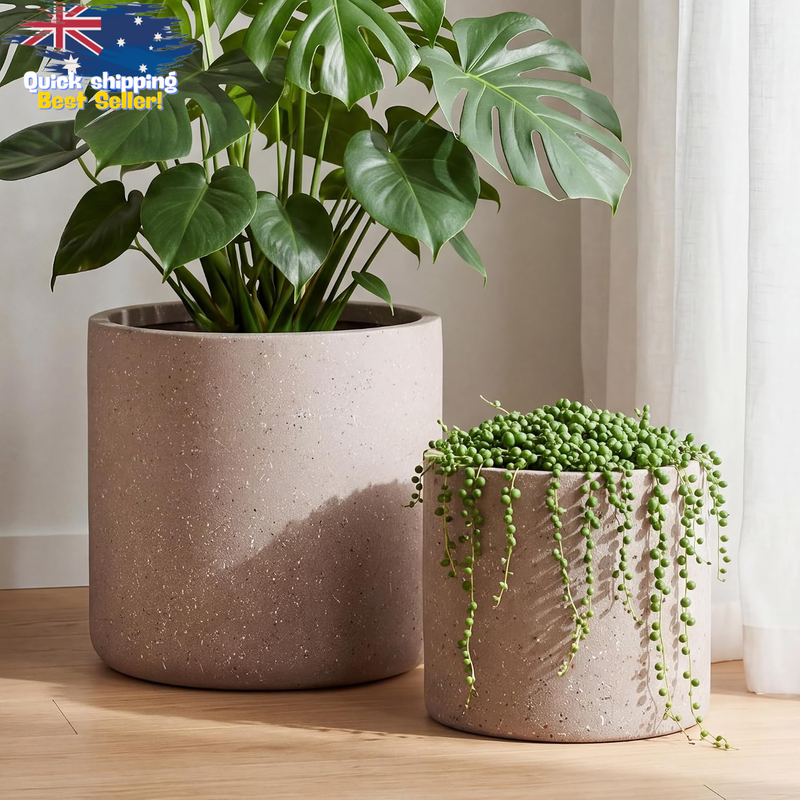 Round Concrete Planter Set of 2 - 28cm & 22cm, Indoor Outdoor Pots, Drainage