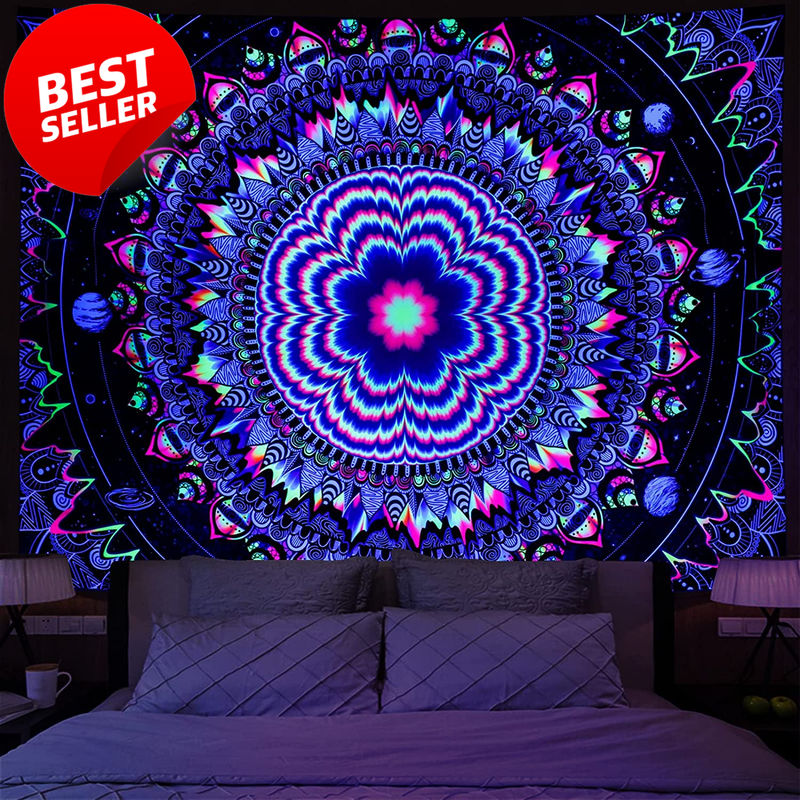 Blacklight Tapestry Trippy UV Reactive Mandala Galaxy Wall Hanging Poster - US