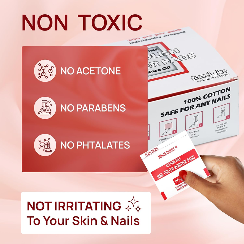 Nail Polish Remover Pads 100% Non Acetone - 200 Pack of Individually Wrapped Bul