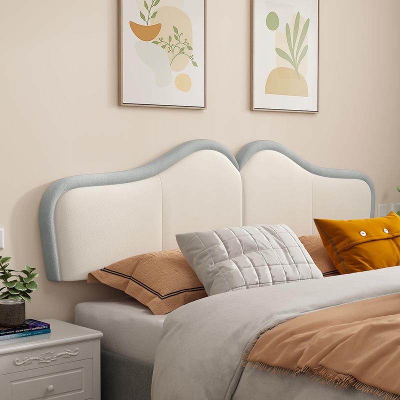 Queen Headboard,Upholstered Headboards Bed Head Board Modern Wave Shaped Velvet Wall Mount Bed Headboard for Stylish Bedroom Decor(Queen,Beige+Light Blue)